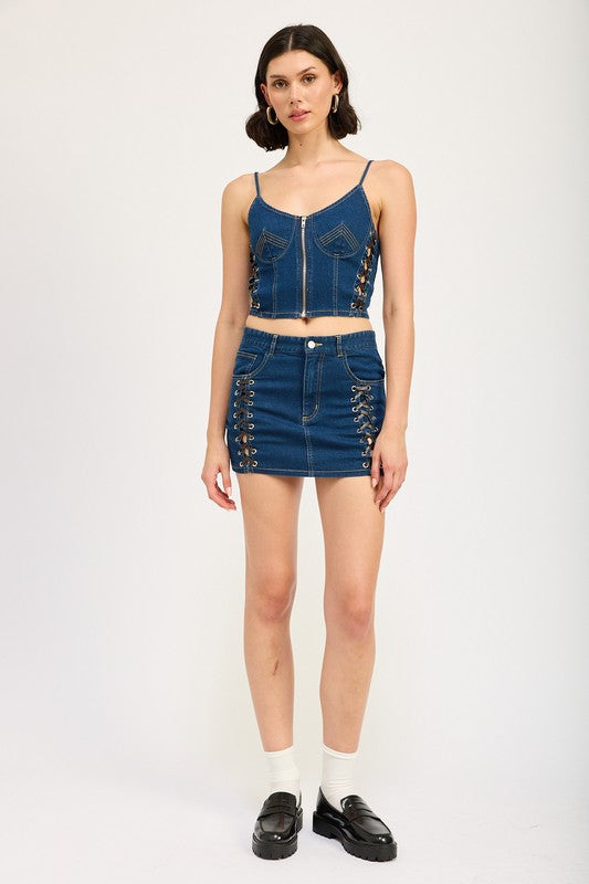 Lace Up Mini Denim Skirt