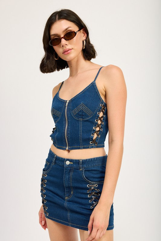 Dark Denim Lace Up Mini Denim Skirt