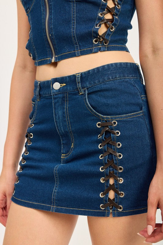 Dark Denim Lace Up Mini Denim Skirt