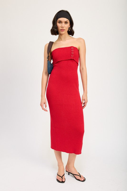 RED Fold Over Ribbed Tube Dress
