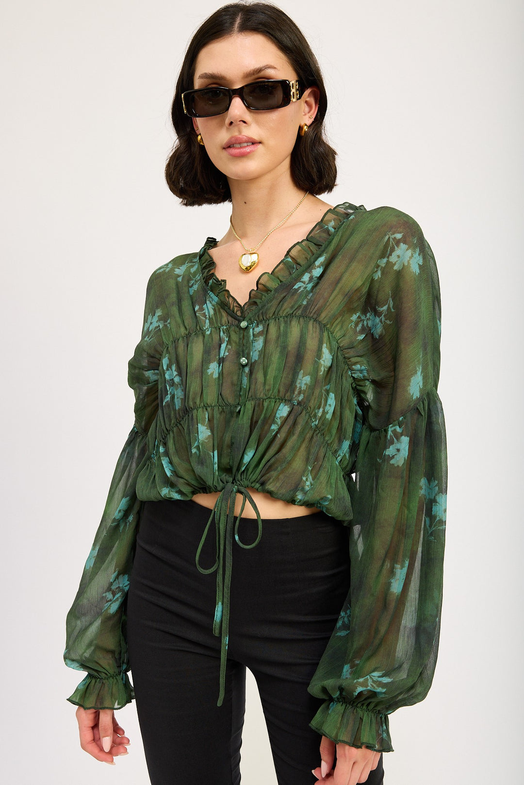 Hunter Green Floral Button Front Ruffled Blouse