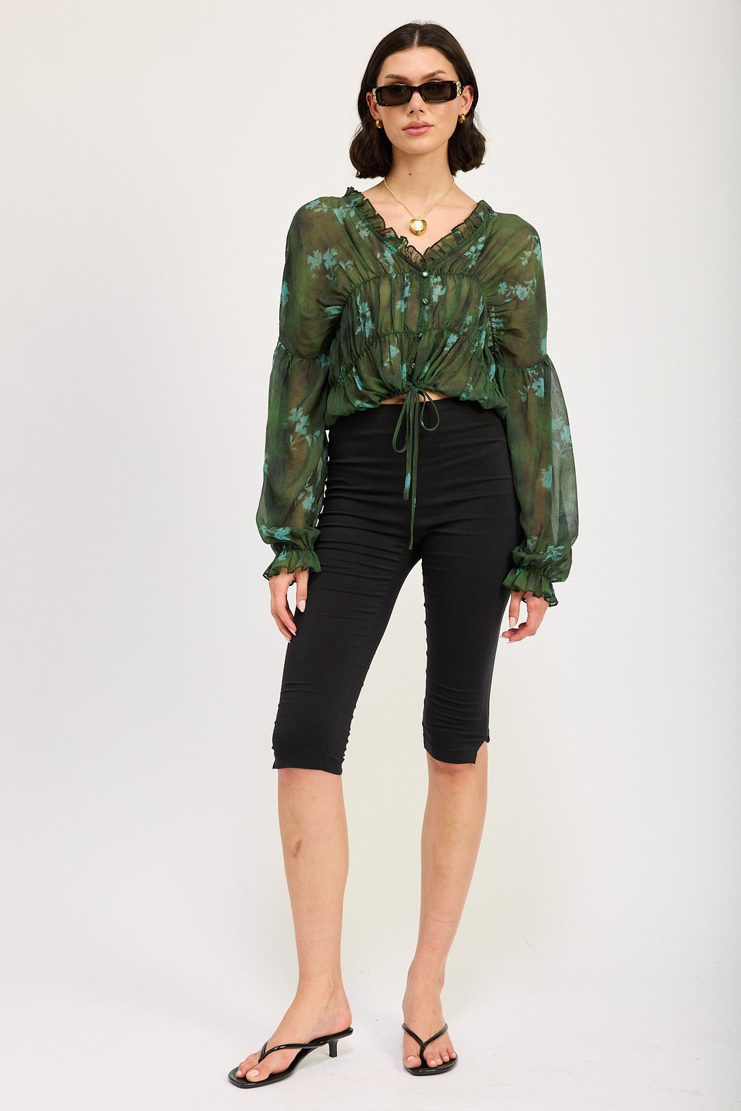 Hunter Green Floral Button Front Ruffled Blouse