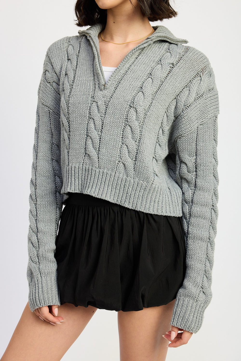 Cream Cable Knit Sweater With Half Zip