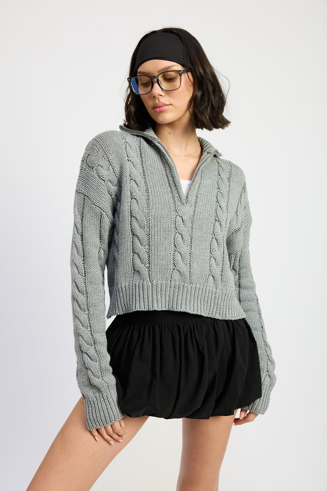 H Grey Cable Knit Sweater With Half Zip