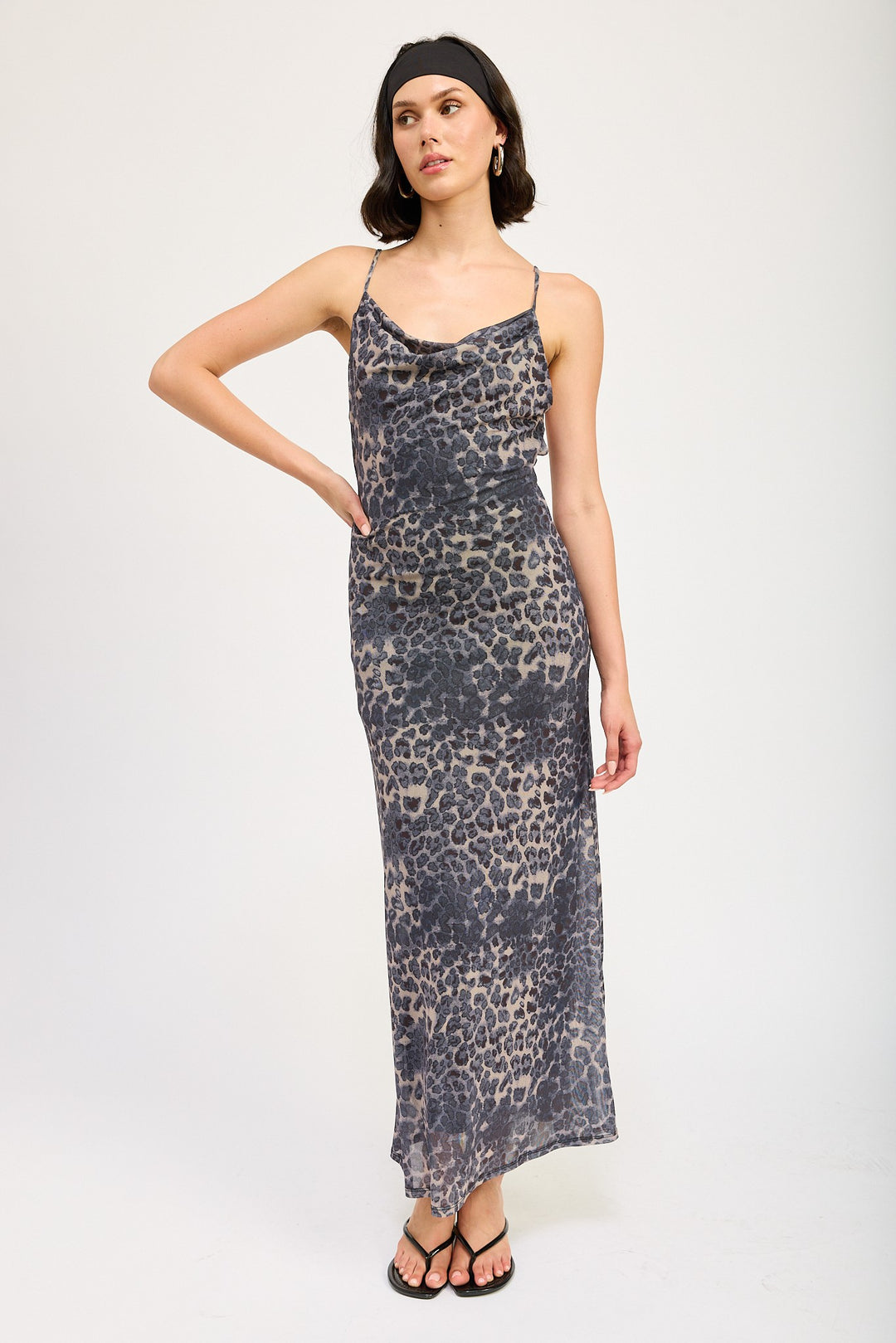 Grey Leopard Print Slight Cowl Maxi Dress With Open Back