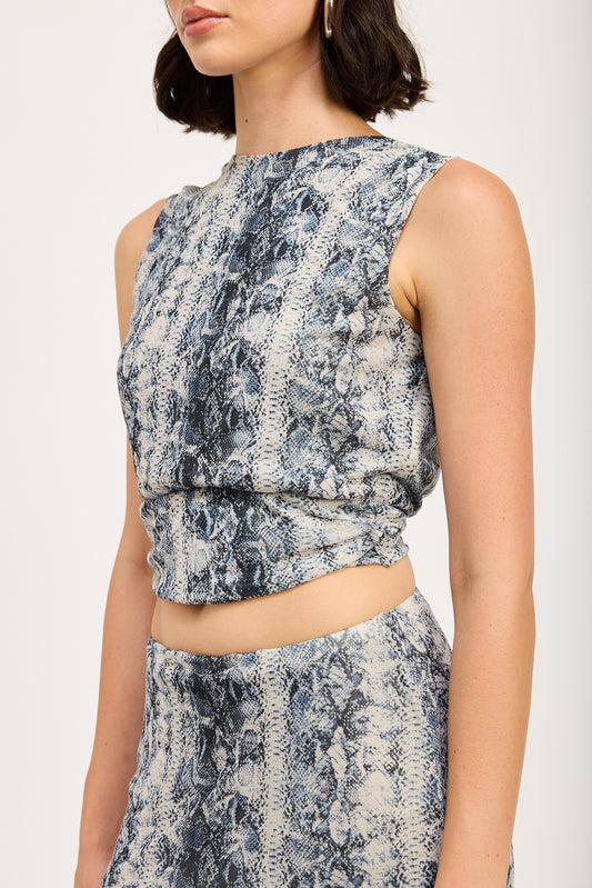 Grey Snake Pleated Tie Back Top