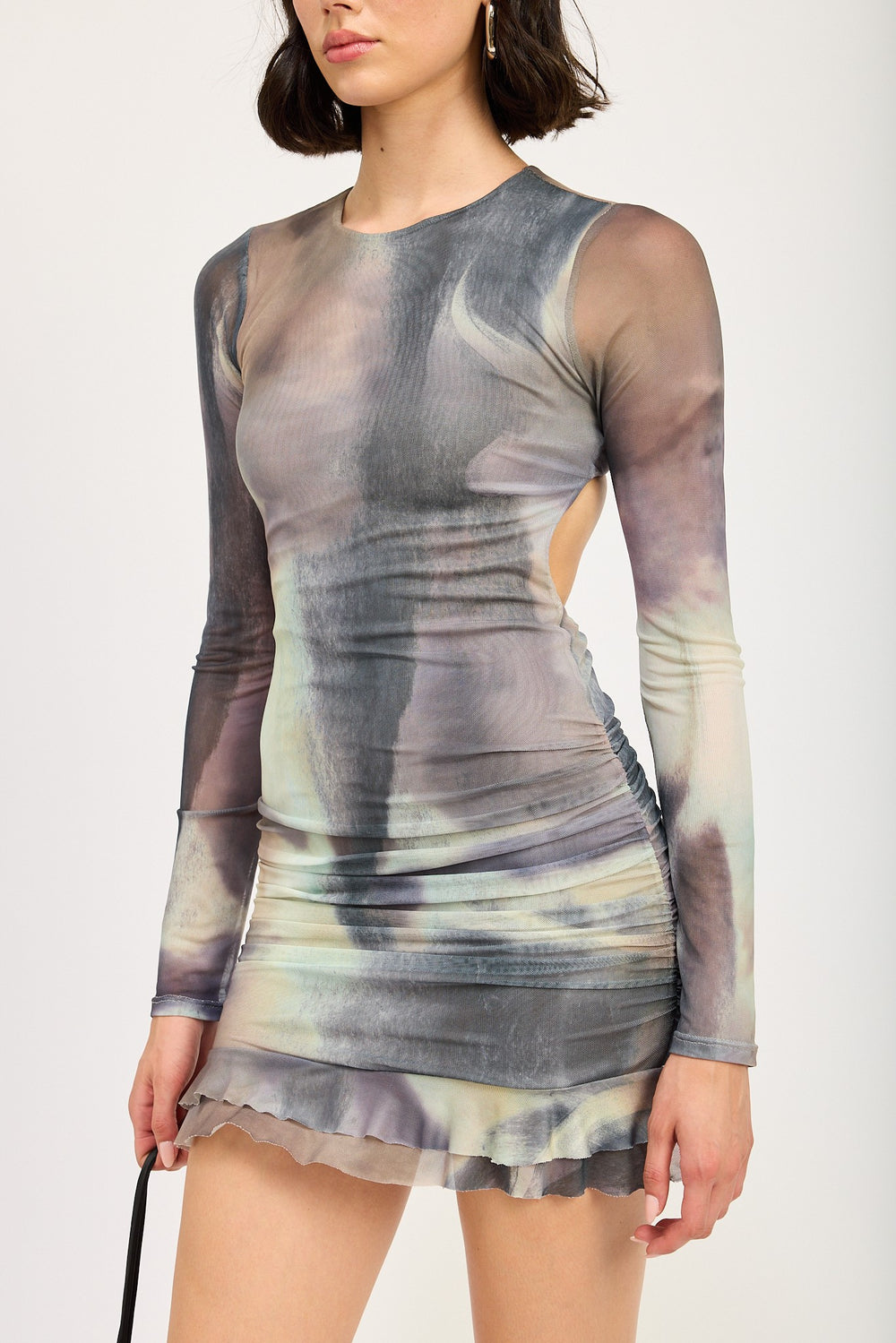 Grey Multi Long Sleeve Ruffled Mini Dress With Cutout