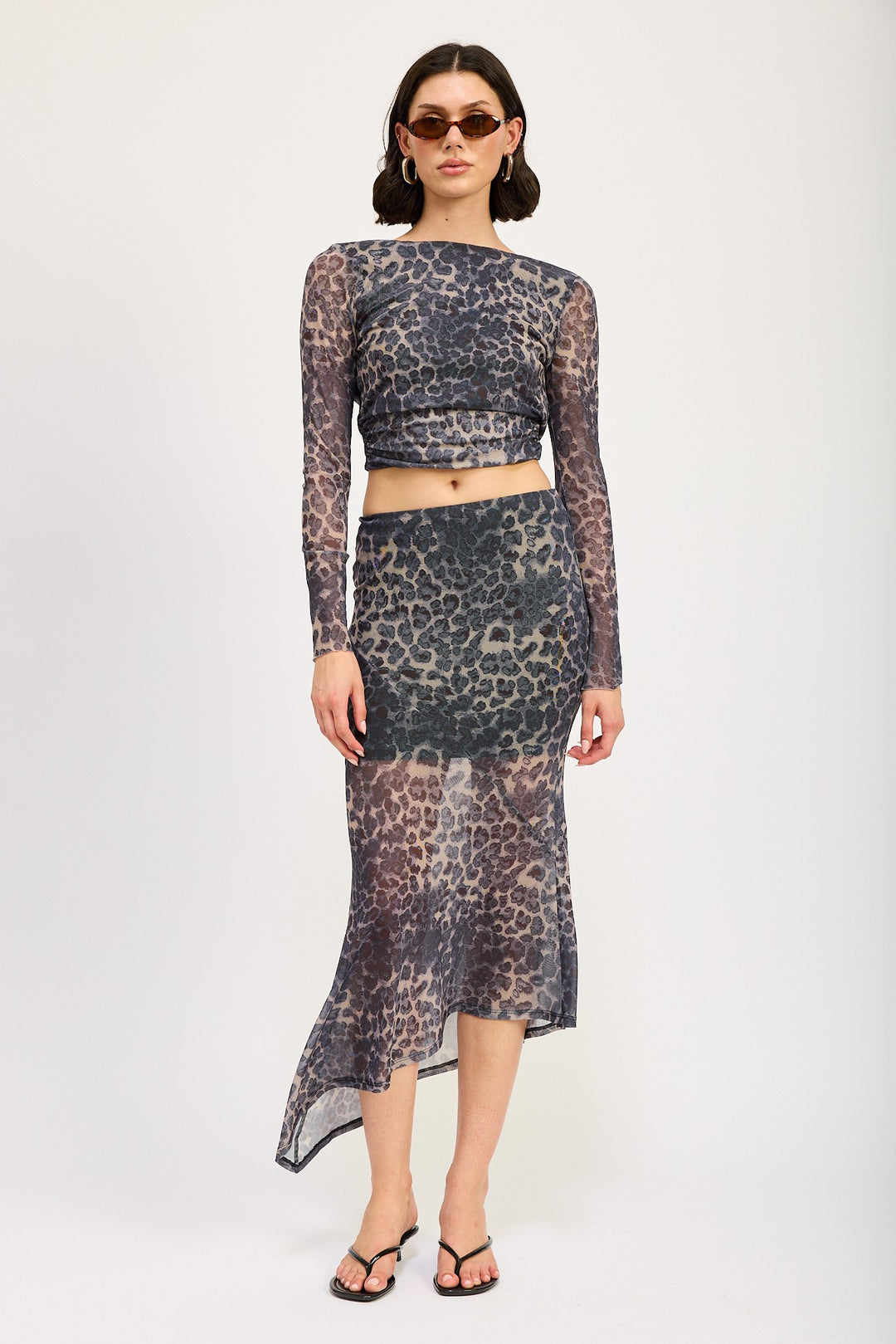 Grey Leopard Print Long Sleeve Top With Back Tie