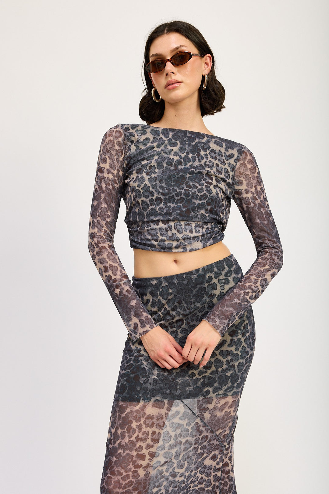Grey Leopard Print Long Sleeve Top With Back Tie