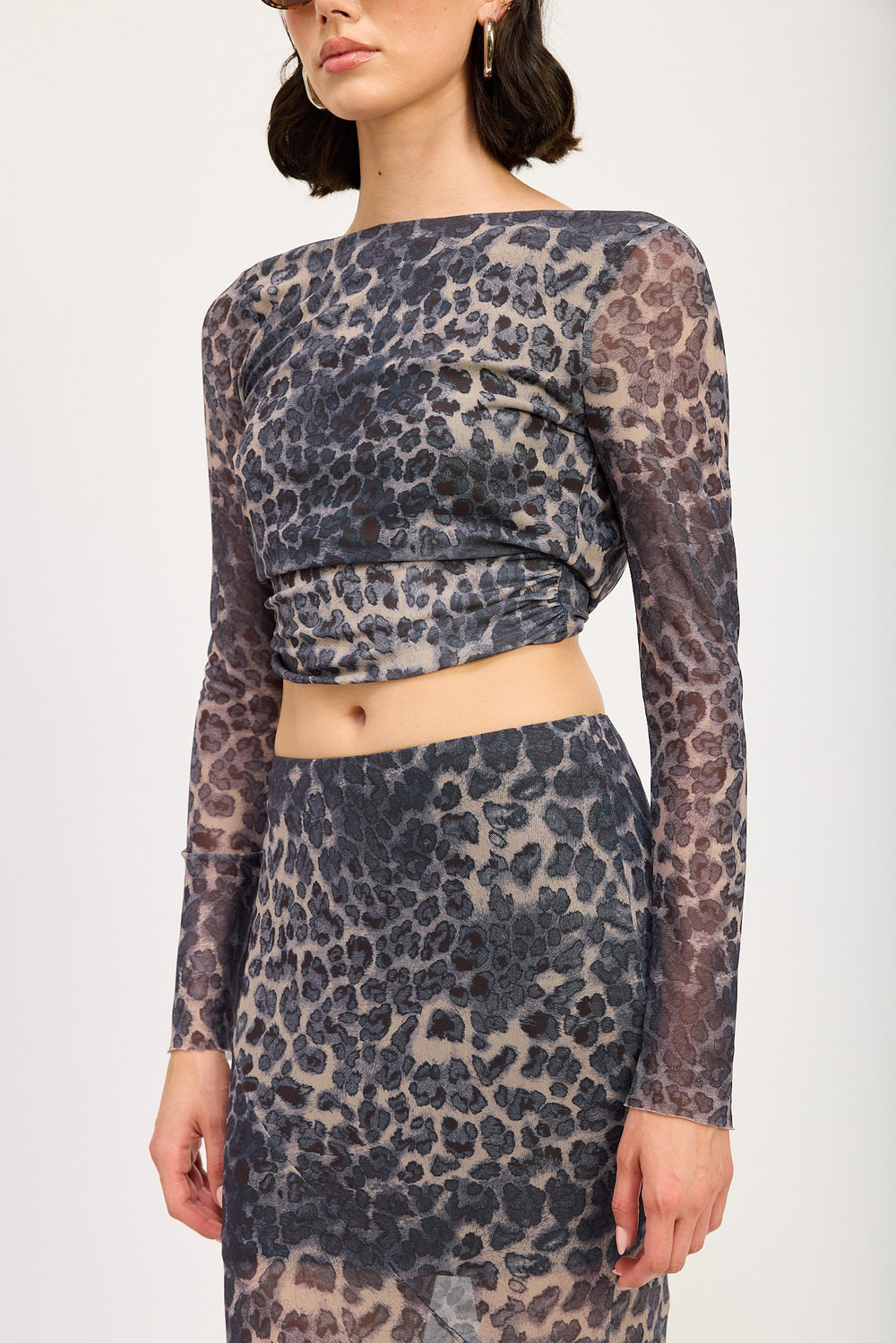 Grey Leopard Print Long Sleeve Top With Back Tie