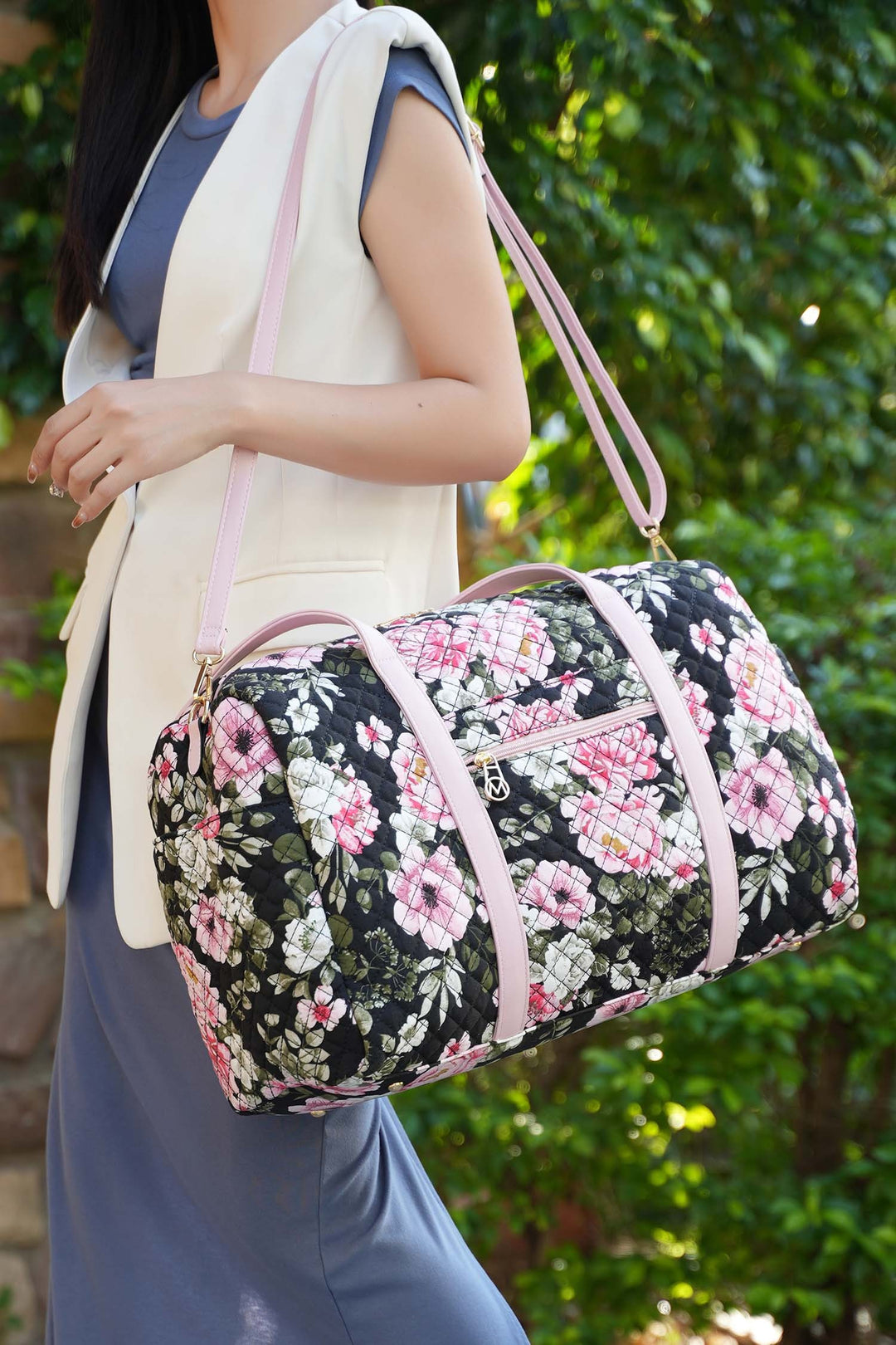 Black Mkf Khelani Quilted Botanical Pattern Duffle Bag