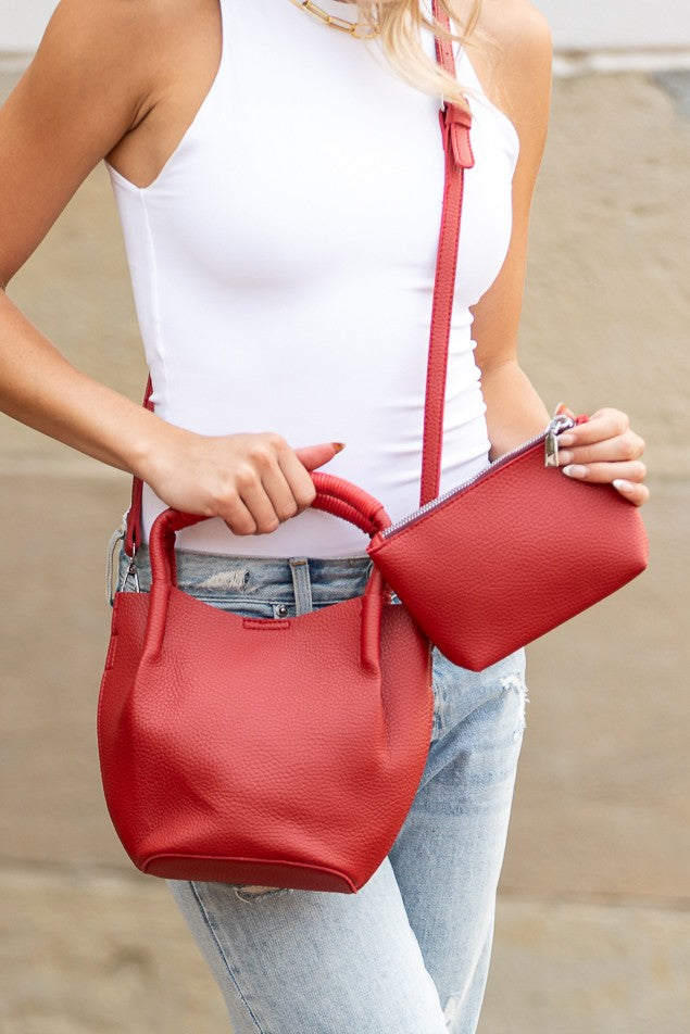 Red Drew Mini Bucket Crossbody Tote