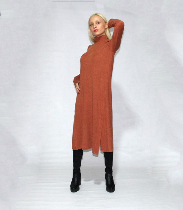 Turtle Neck Dress Long Sleeve With Side Slits