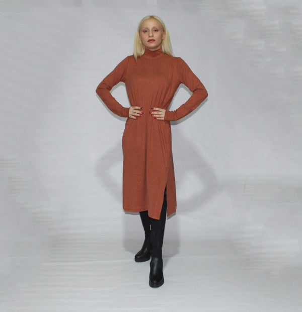 Tabacco Turtle Neck Dress Long Sleeve With Side Slits