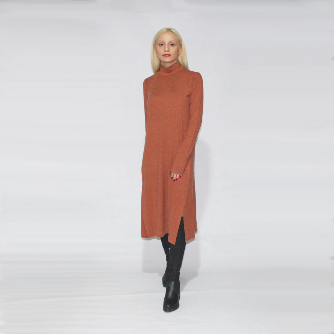 Turtle Neck Dress Long Sleeve With Side Slits