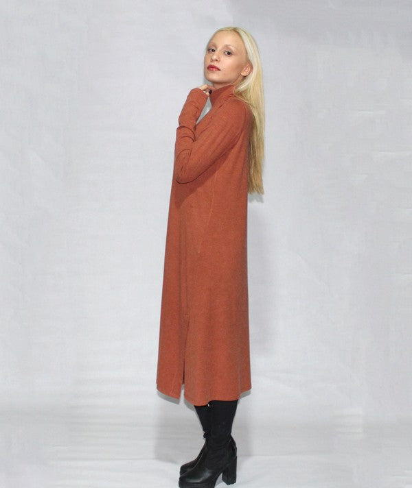 Tabacco Turtle Neck Dress Long Sleeve With Side Slits