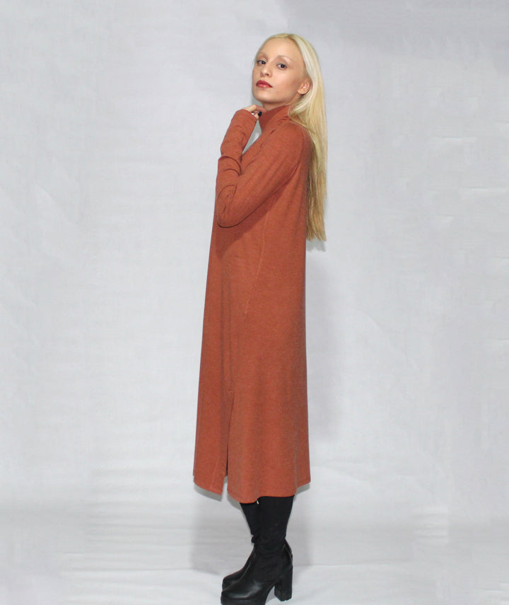 Tabacco Turtle Neck Dress Long Sleeve With Side Slits
