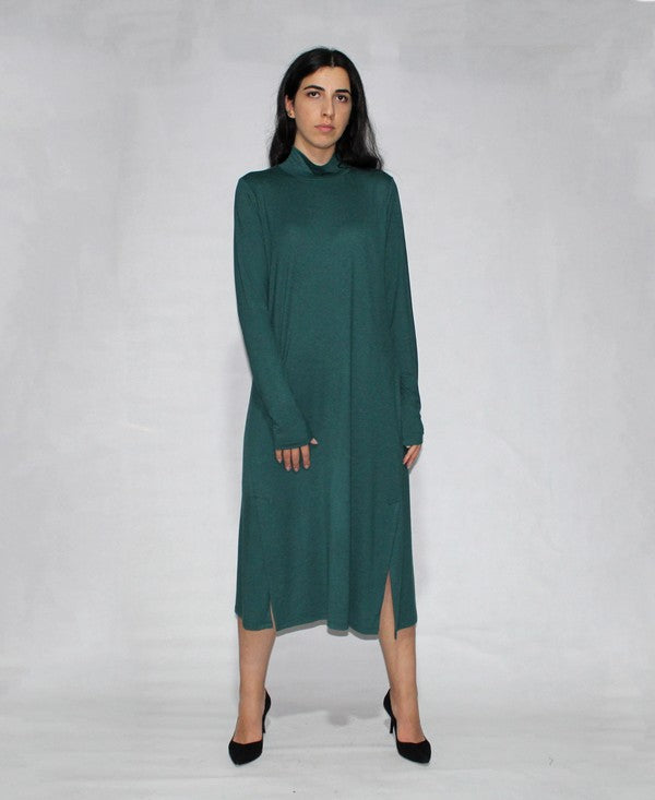 Forest Green Turtle Neck Dress Long Sleeve With Side Slits 1