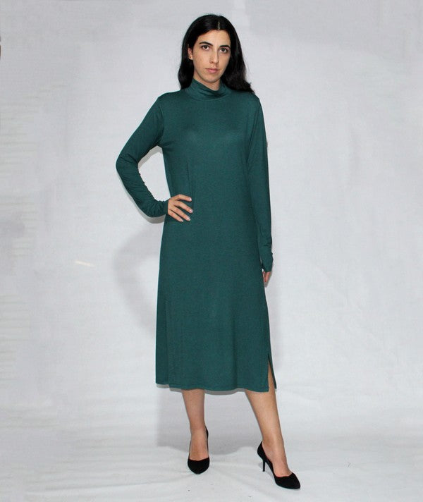 Forest Green Turtle Neck Dress Long Sleeve With Side Slits 1