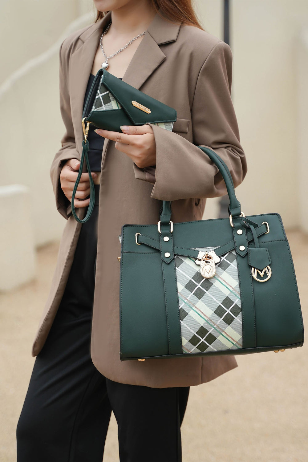 Mkf Christine Plaid Satchel Bag With Wallet