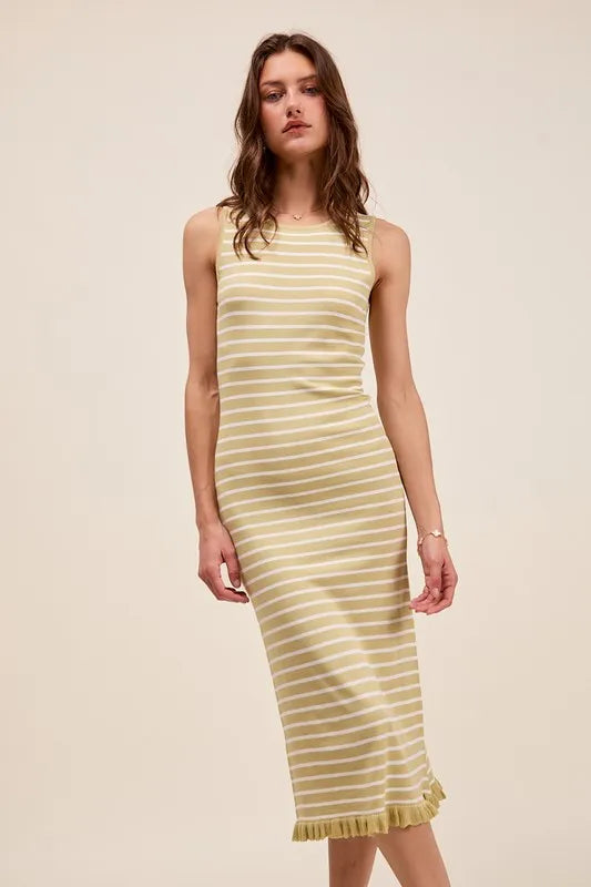Sage/Off White So Me Stripe Sleeveless Sweater Knit Maxi Dress With Ruffled Hem 2