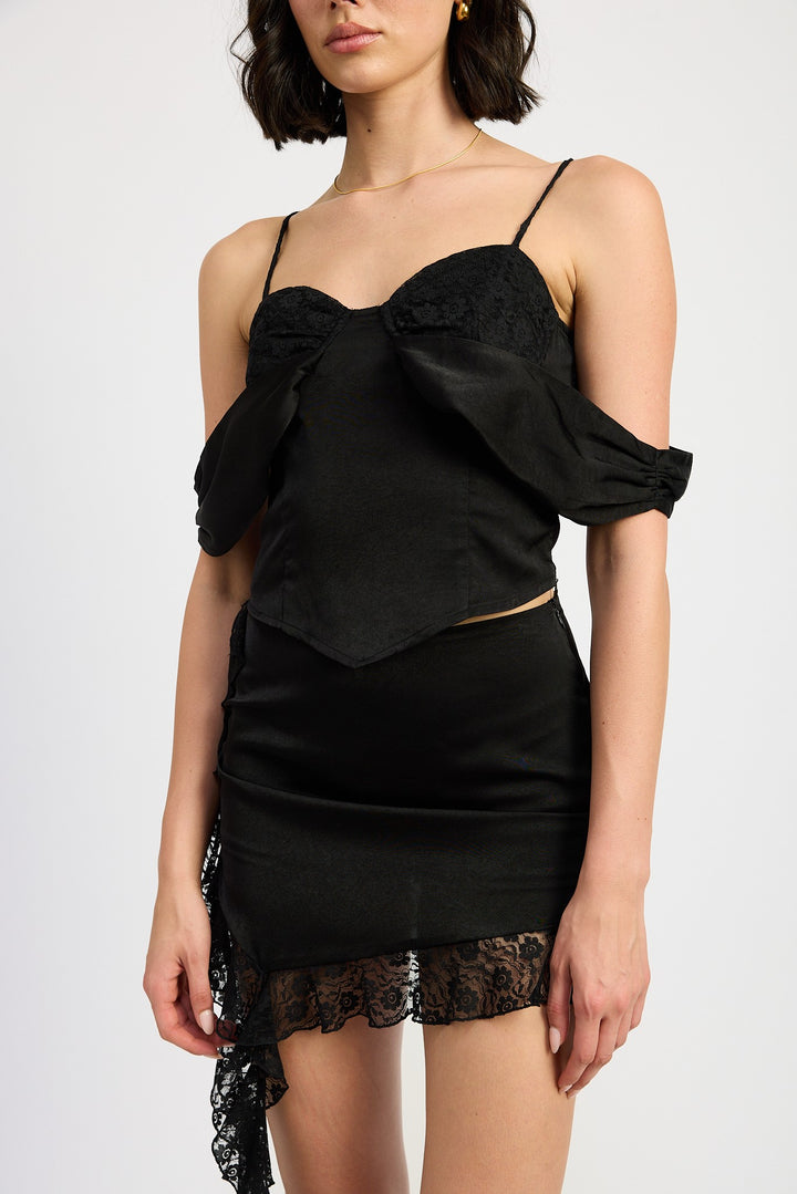Black Off Shoulder Satin Bustier With Lace Detail
