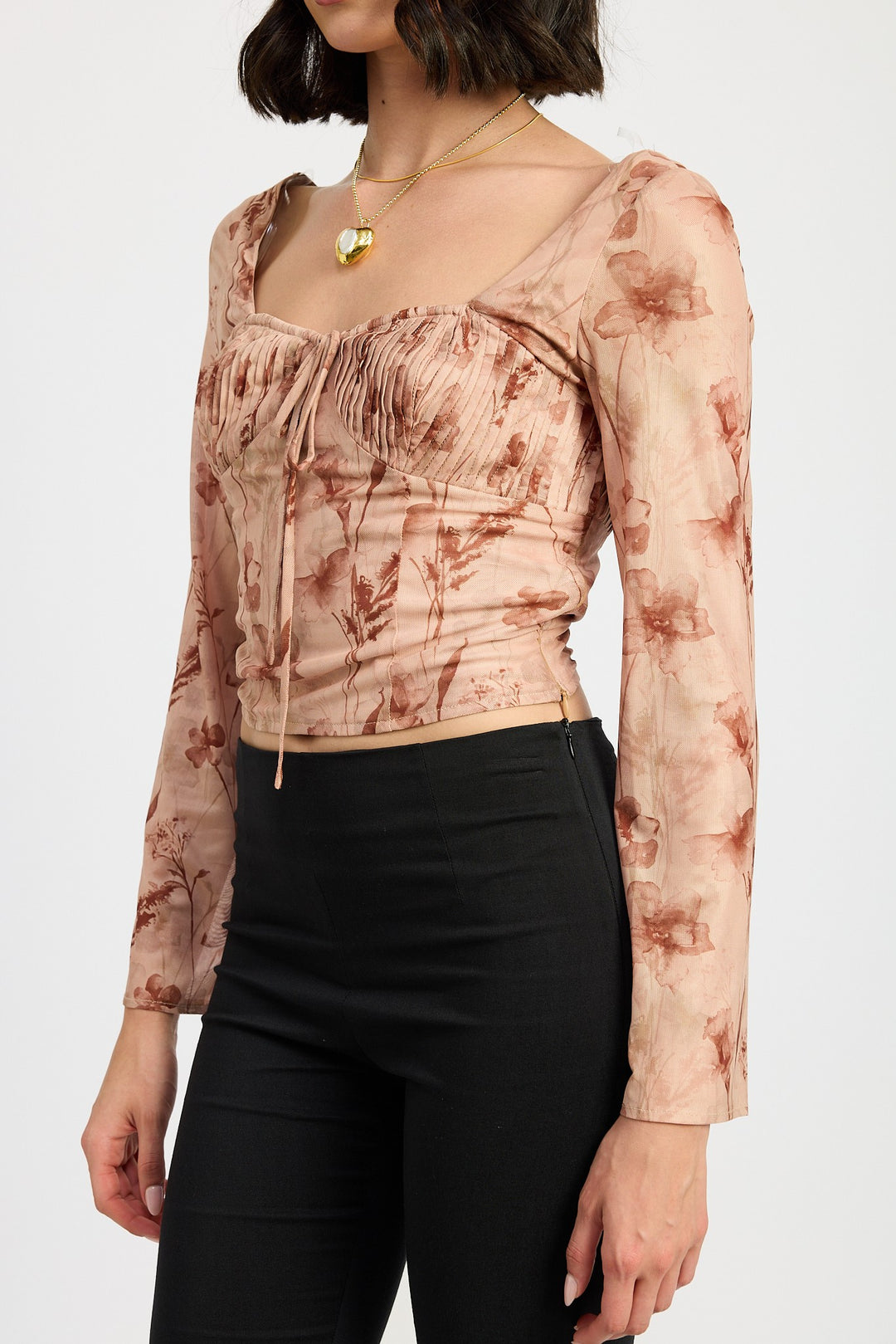 Brown Floral Sweetheart Square Nekc Floral Top