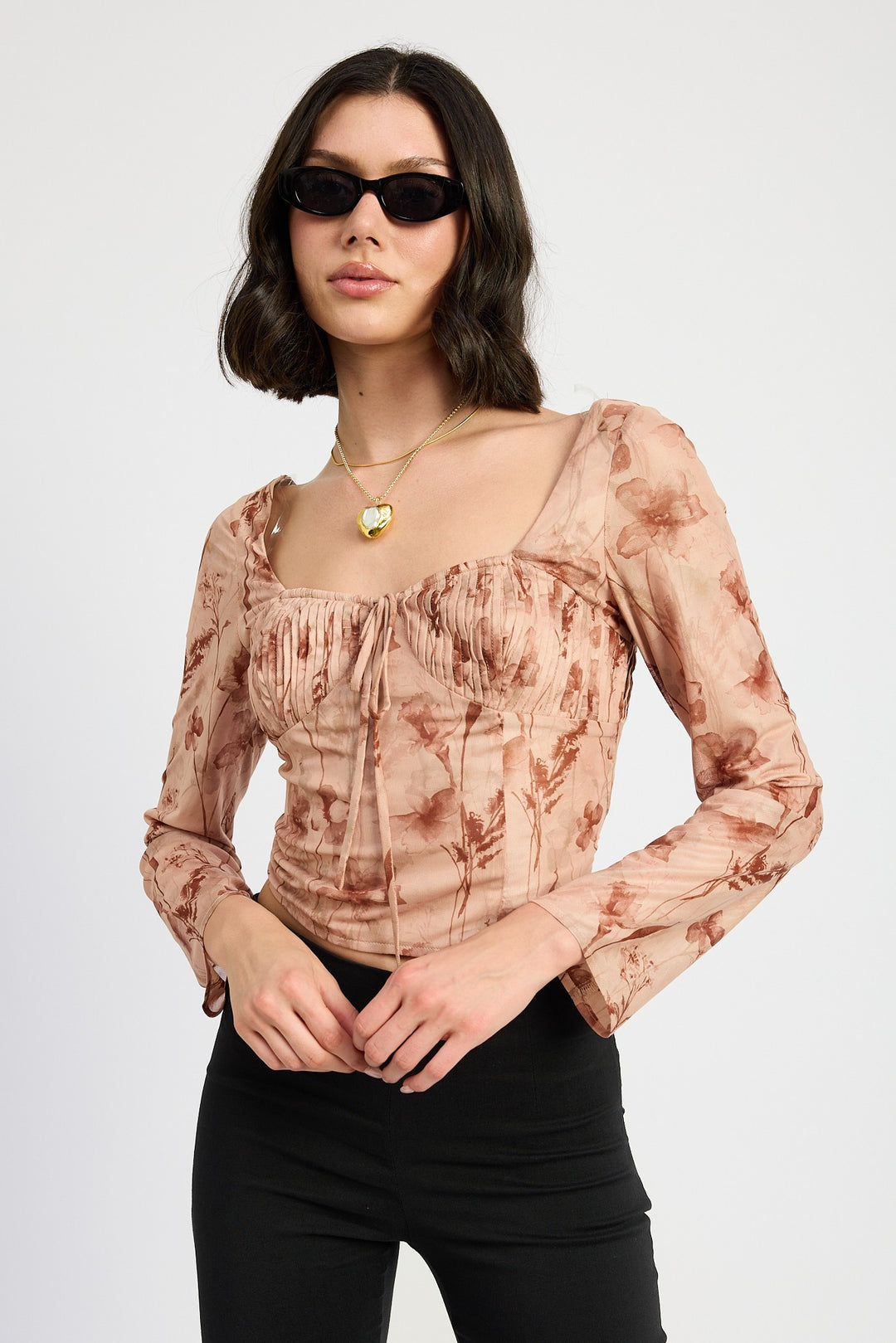 Brown Floral Sweetheart Square Nekc Floral Top