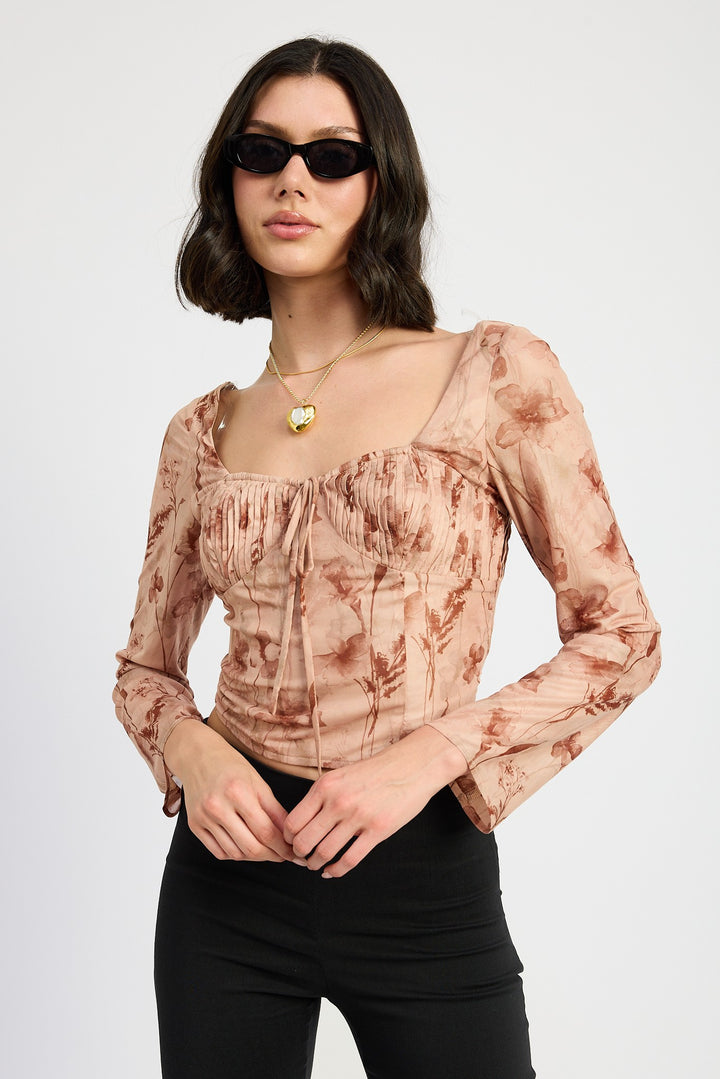 Brown Floral Sweetheart Square Nekc Floral Top