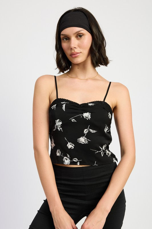 Black Floral Mixed Media Satin Spaghetti Strap Top