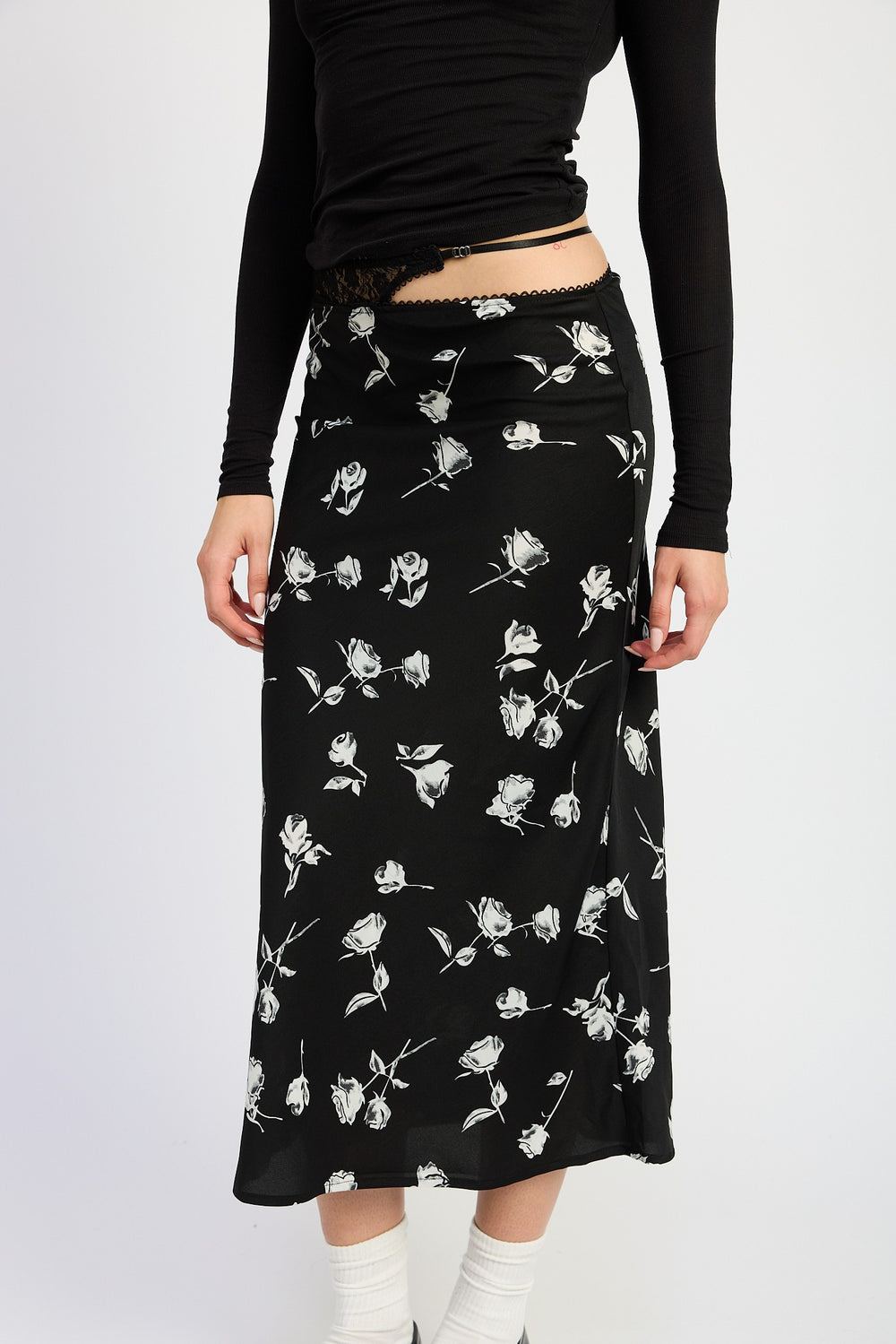 Black Floral Mix Media Asymmetrical Maxi Satin Skirt