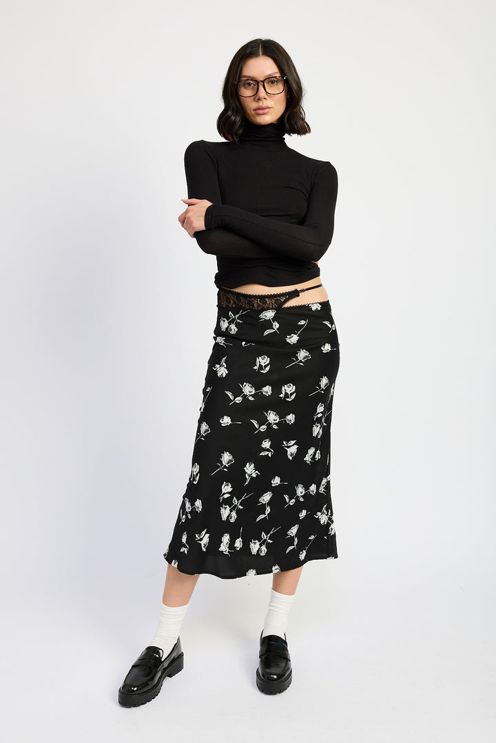 Black Floral Mix Media Asymmetrical Maxi Satin Skirt