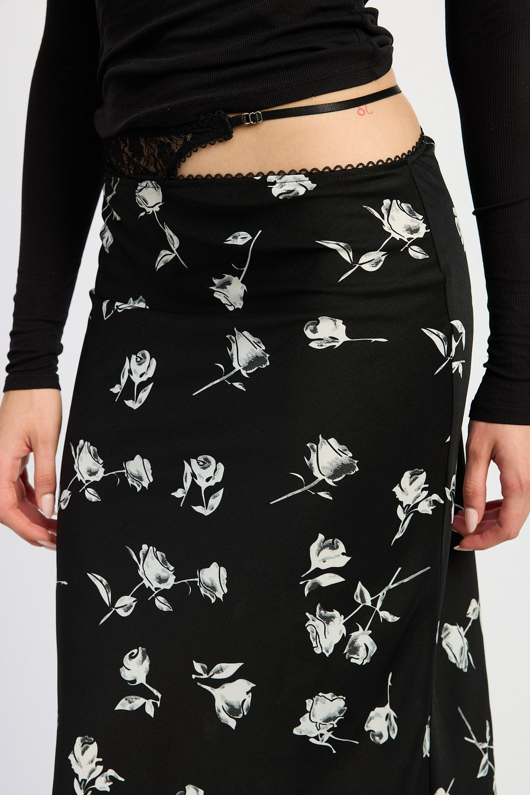 Black Floral Mix Media Asymmetrical Maxi Satin Skirt
