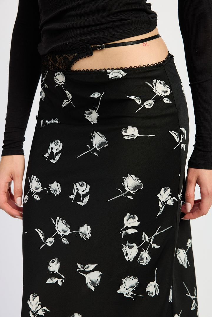 Black Floral Mix Media Asymmetrical Maxi Satin Skirt