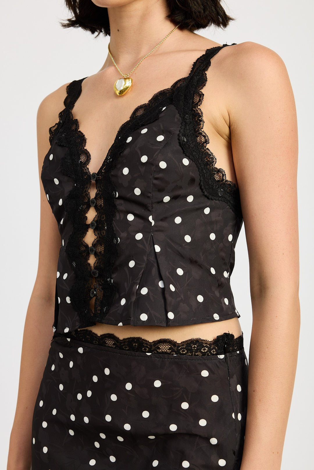 Black Polka Button Up Cami Top With Lace Detail