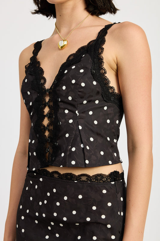 Black Polka Button Up Cami Top With Lace Detail