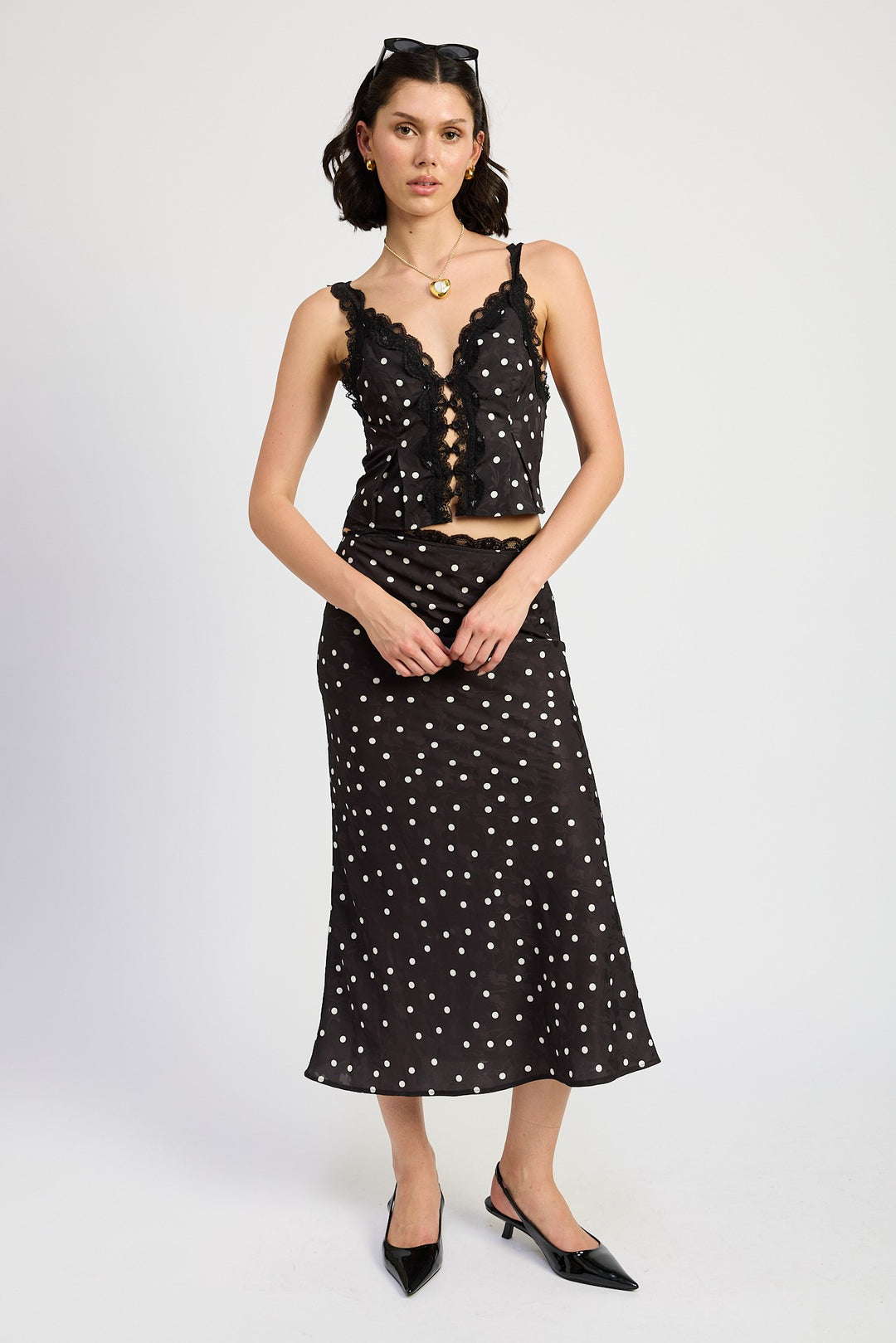 Black Polka Button Up Cami Top With Lace Detail