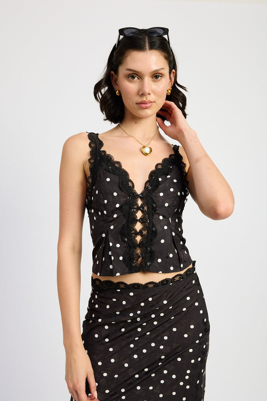 Black Polka Button Up Cami Top With Lace Detail
