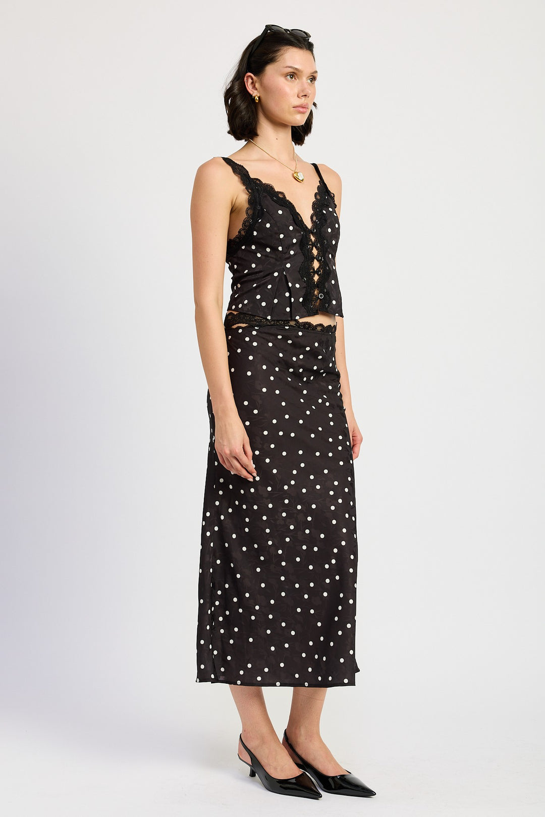 Black Polka Satin Midi Skirt With Lace Trim