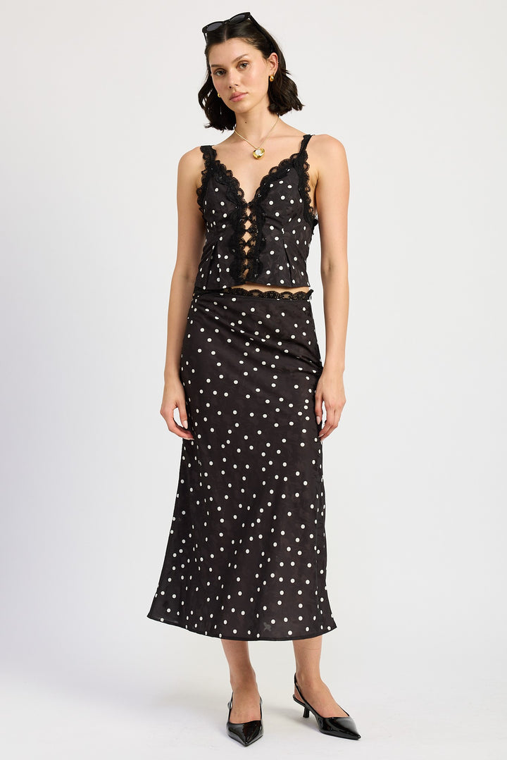 Black Polka Satin Midi Skirt With Lace Trim