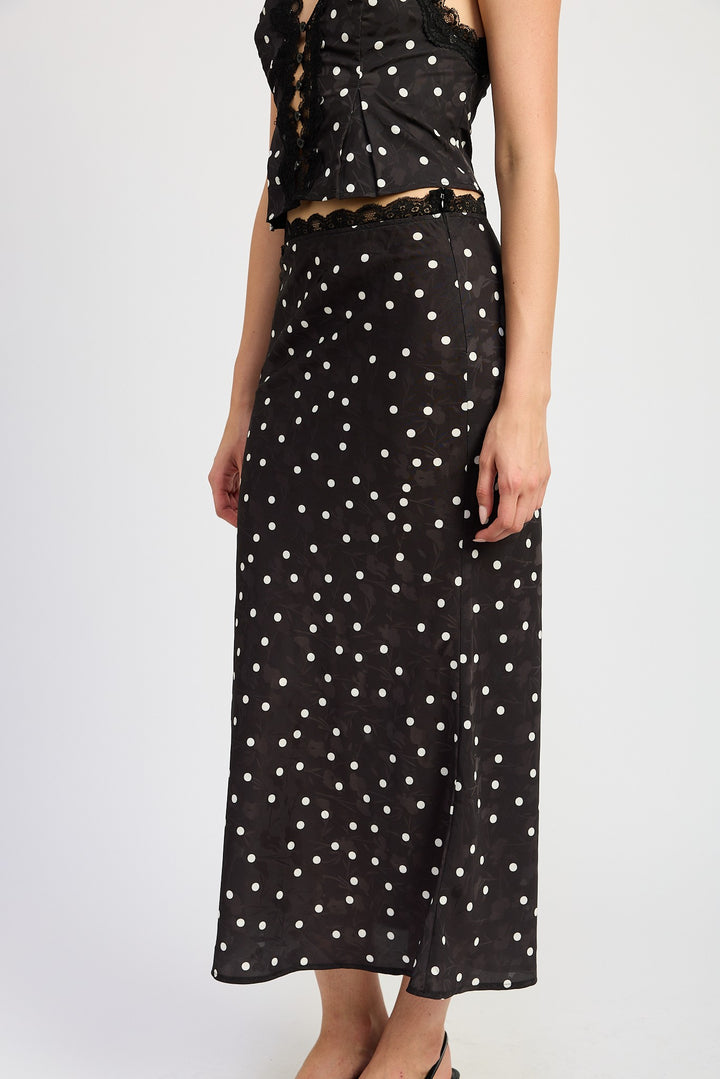 Black Polka Satin Midi Skirt With Lace Trim
