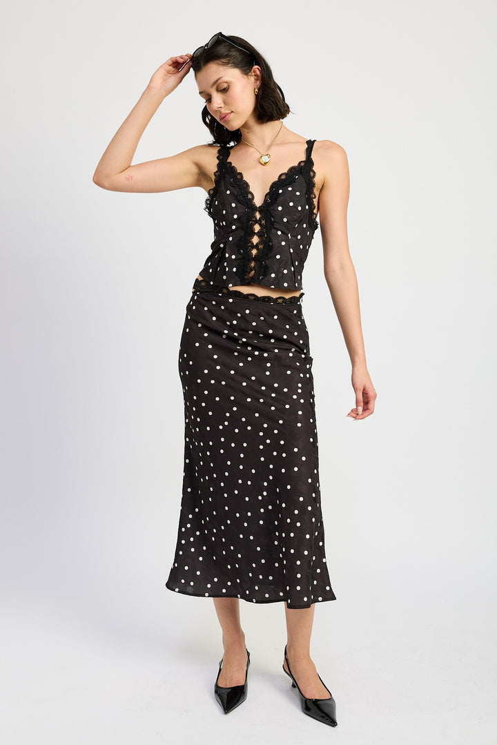 Satin Midi Skirt With Lace Trim
