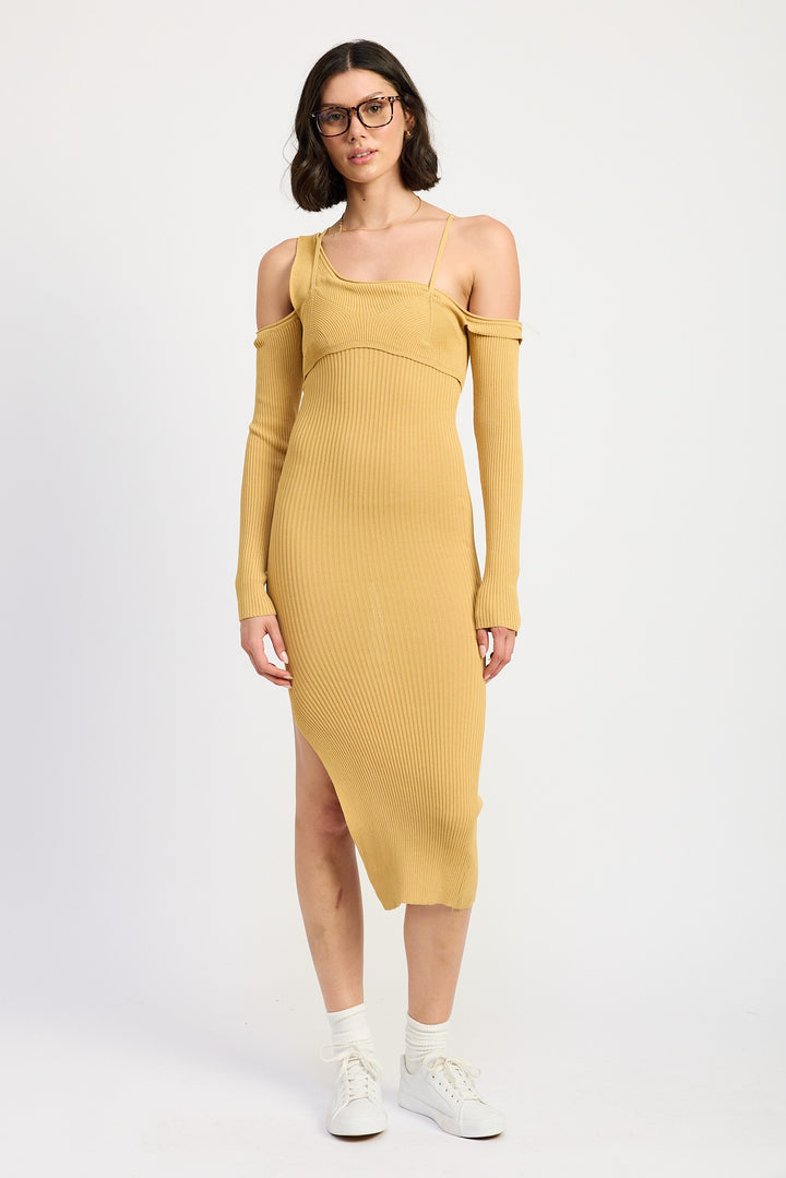 Camel Off Shoulder Long Sleeve Maxi Dress