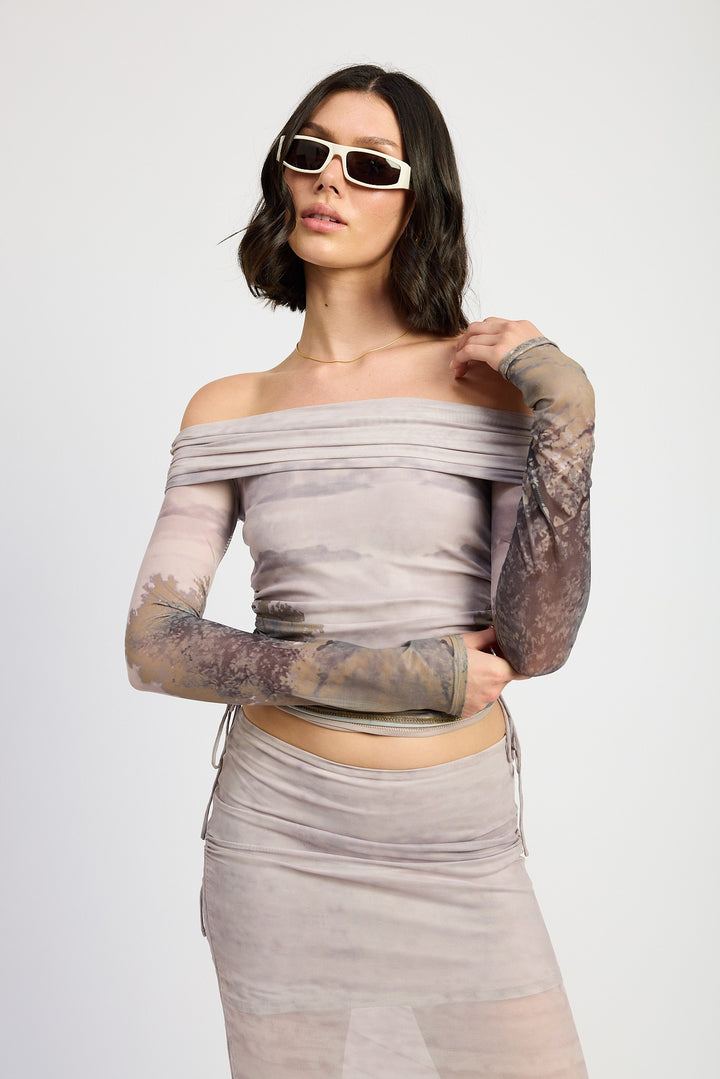 Brown Print Printed Off Shouder Ruched Top