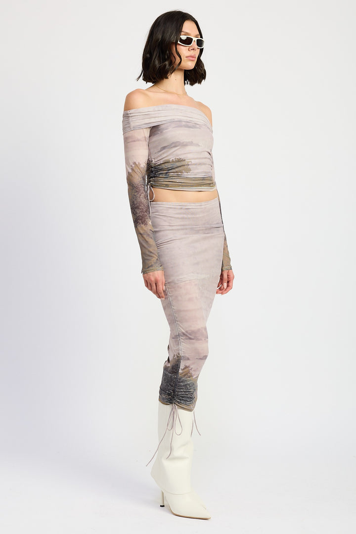 Printed Off Shouder Ruched Top