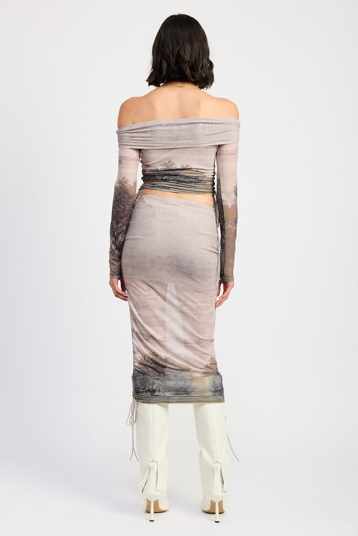 Printed Off Shouder Ruched Top