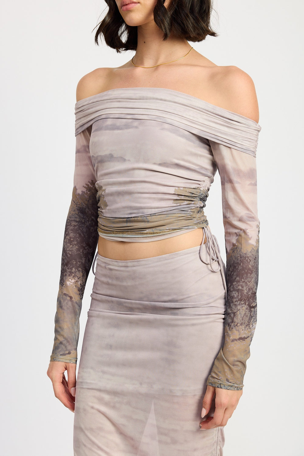 Brown Print Printed Off Shouder Ruched Top