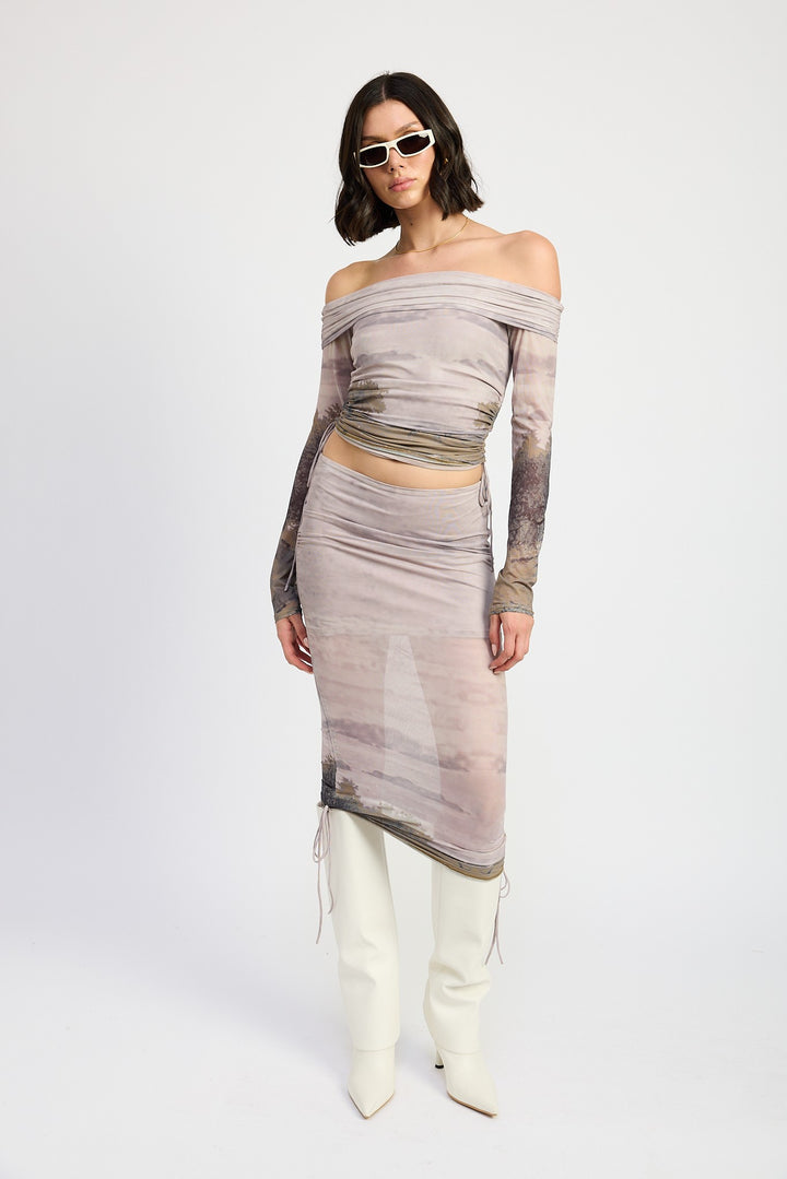 Printed Off Shouder Ruched Top