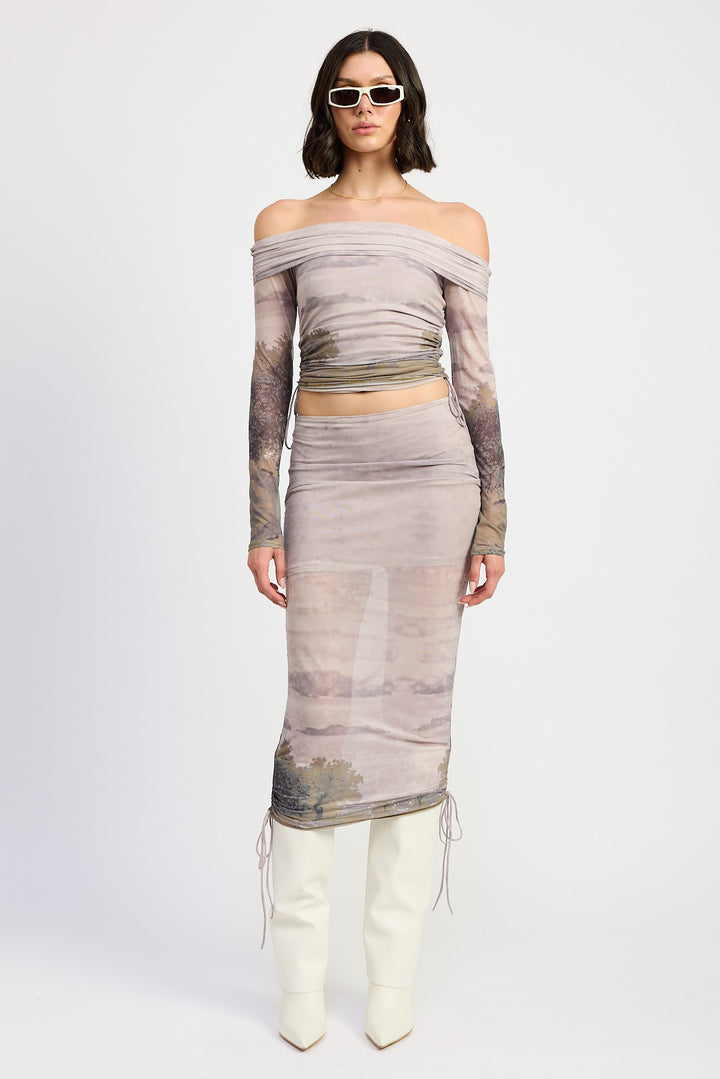 Brown Print Printed Off Shouder Ruched Top