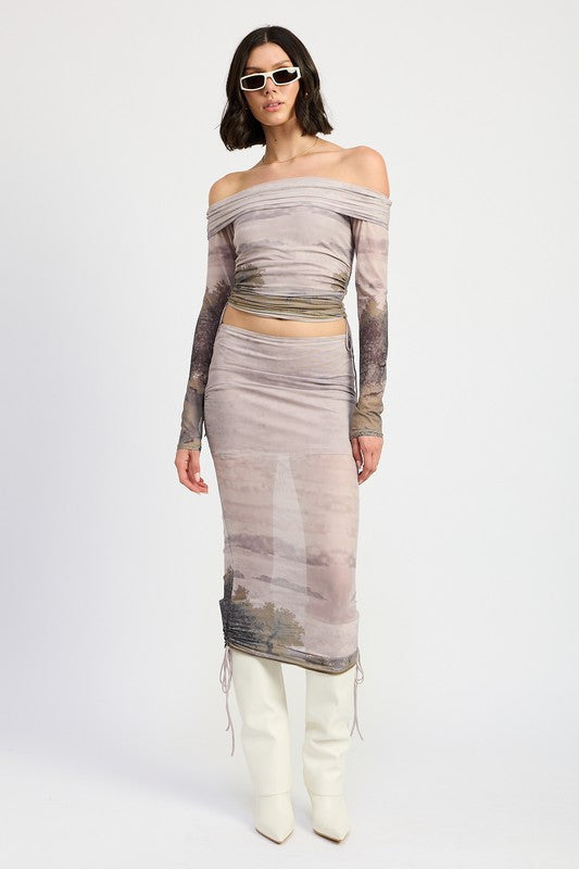 Brown Print Ruched Midi Skirt With Drawstrings